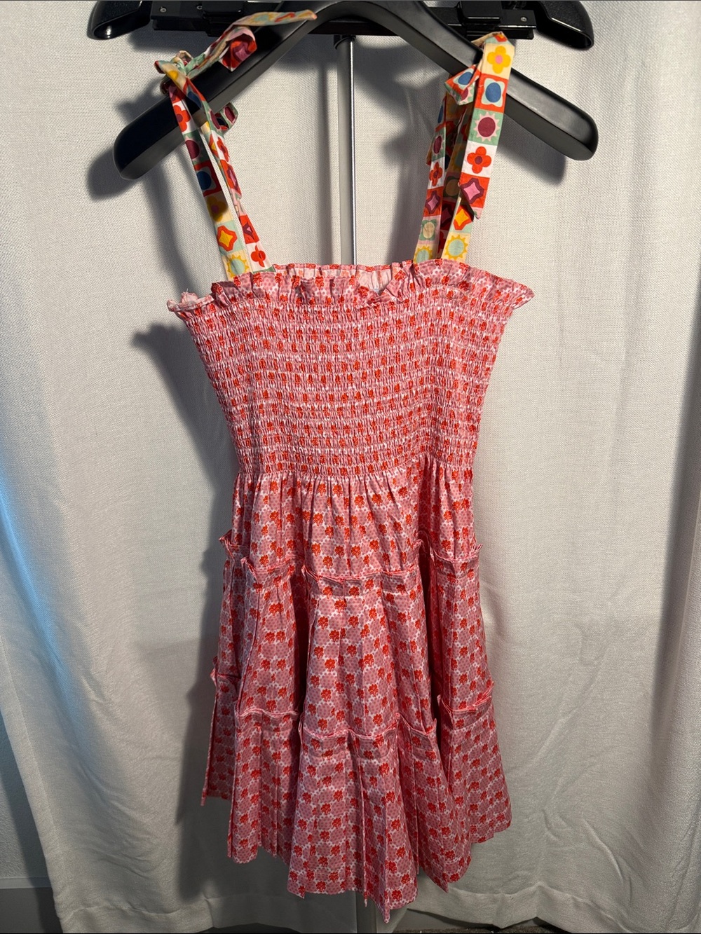Pink Smocked Sundress with Patterned Tie Straps